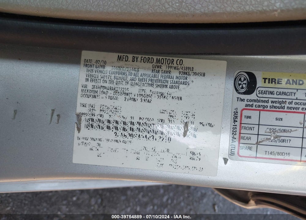 2010 FORD FUSION SE VIN: 3FAHP0HA9AR312210