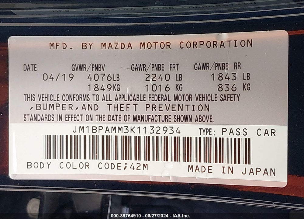 2019 MAZDA 3 PREFERRED PACKAGE VIN: JM1BPAMM3K1132934