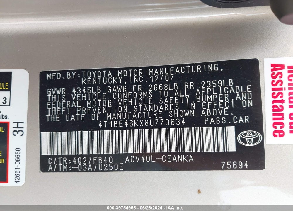 2008 TOYOTA CAMRY VIN: 4T1BE46KX8U773634