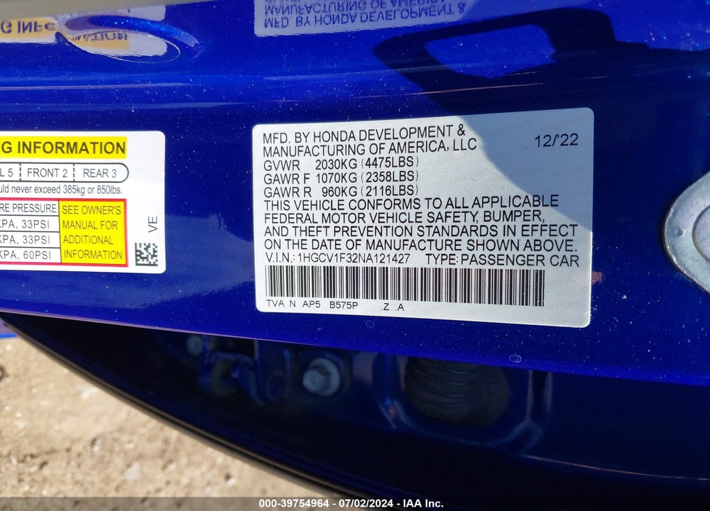 2022 HONDA ACCORD SPORT VIN: 1HGCV1F32NA121427