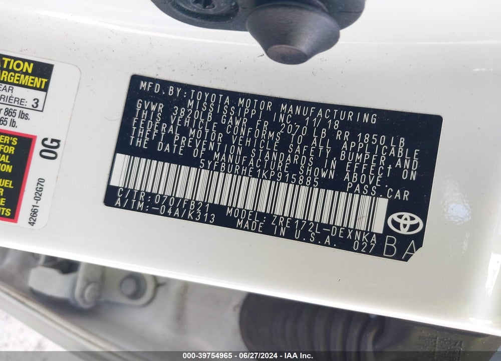 2019 TOYOTA COROLLA LE VIN: 5YFBURHE1KP915885