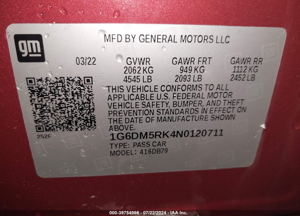 2022 CADILLAC CT5 LUXURY VIN: 1G6DM5RK4N0120711