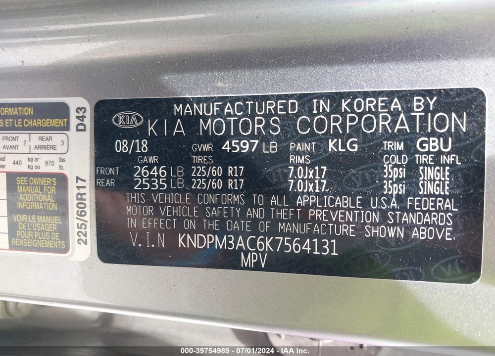 2019 KIA SPORTAGE LX VIN: KNDPM3AC6K7564131