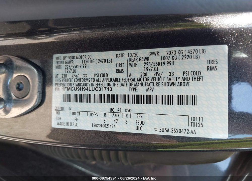 2020 FORD ESCAPE SEL VIN: 1FMCU9H94LUC31713