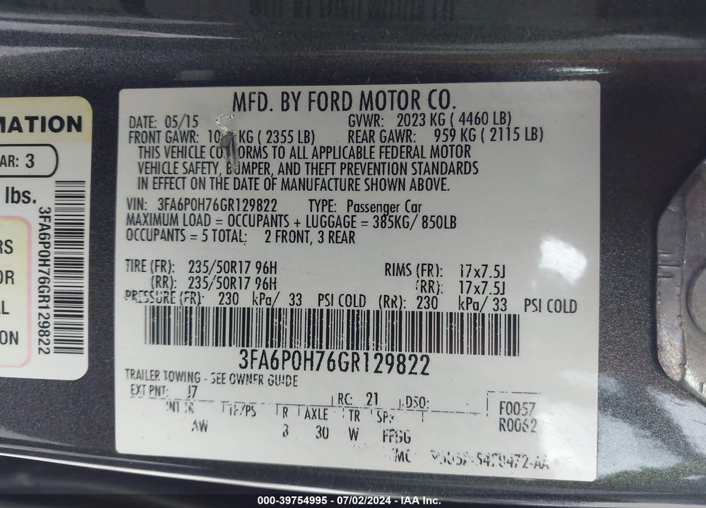 2016 FORD FUSION SE VIN: 3FA6P0H76GR129822