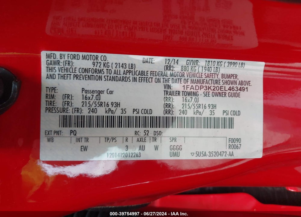 2014 FORD FOCUS SE VIN: 1FADP3K20EL463491
