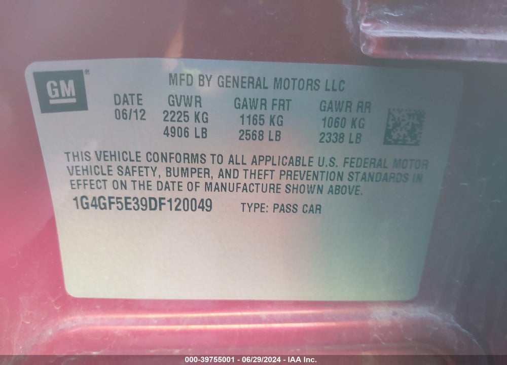 2013 BUICK LACROSSE PREMIUM 1 GROUP VIN: 1G4GF5E39DF120049