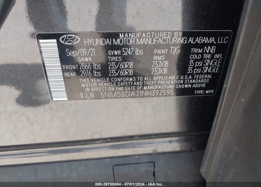 2022 HYUNDAI SANTA FE XRT VIN: 5NMS6DAJ1NH392595