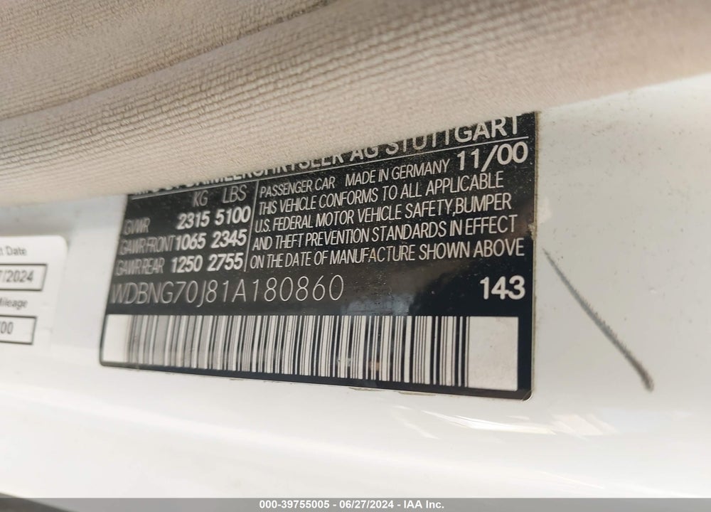 2001 MERCEDES-BENZ S 430 VIN: WDBNG70J81A180860