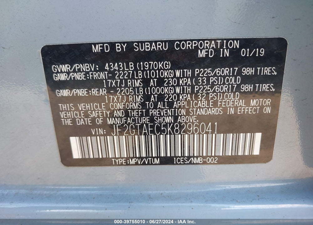 2019 SUBARU CROSSTREK 2.0I PREMIUM VIN: JF2GTAEC5K8296041