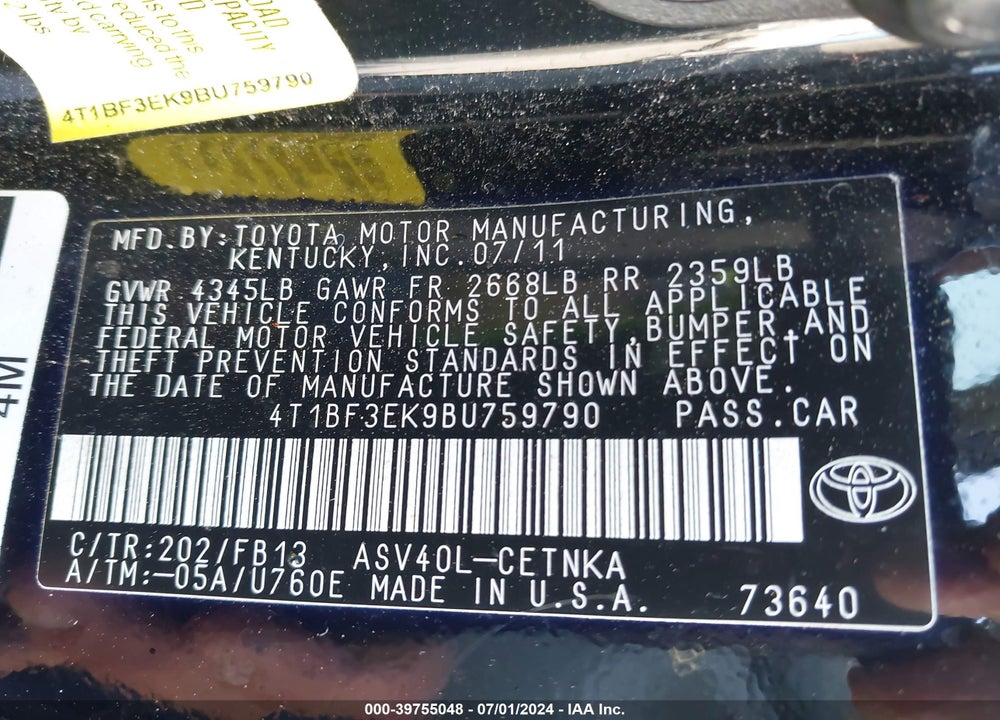 2011 TOYOTA CAMRY VIN: 4T1BF3EK9BU759790