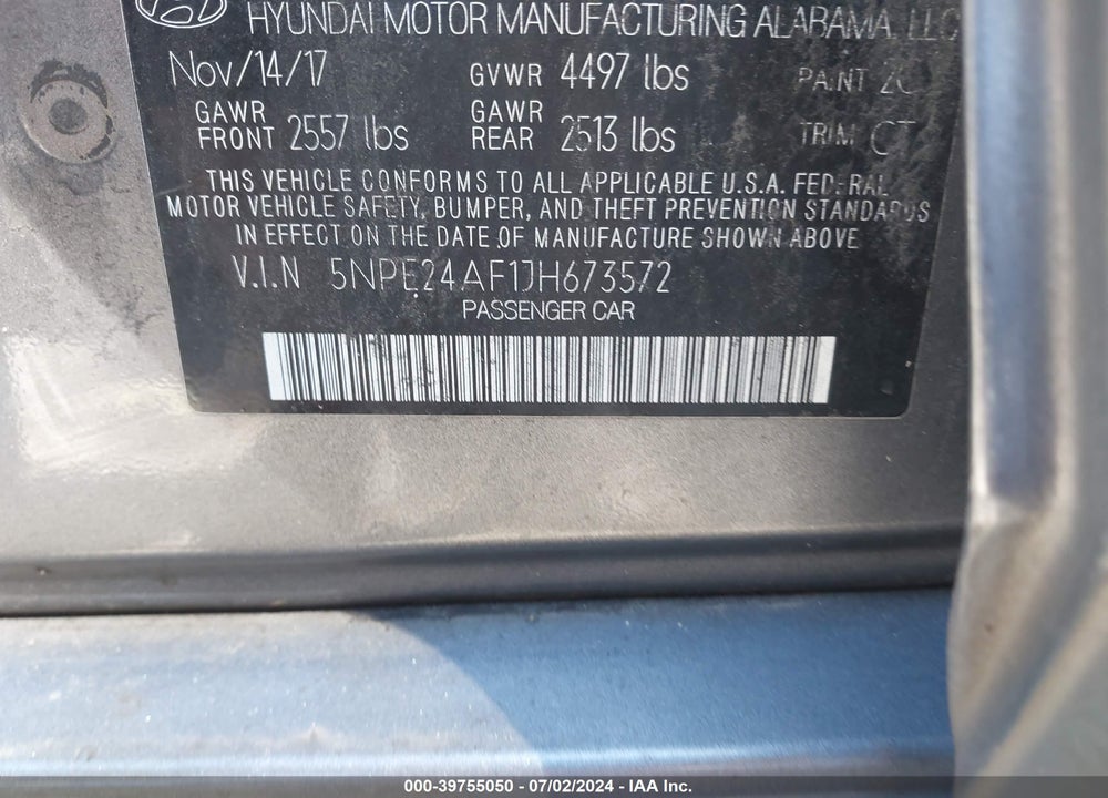 2018 HYUNDAI SONATA SE VIN: 5NPE24AF1JH673572