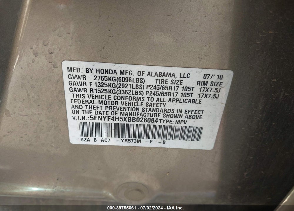 2011 HONDA PILOT EX-L VIN: 5FNYF4H5XBB026084
