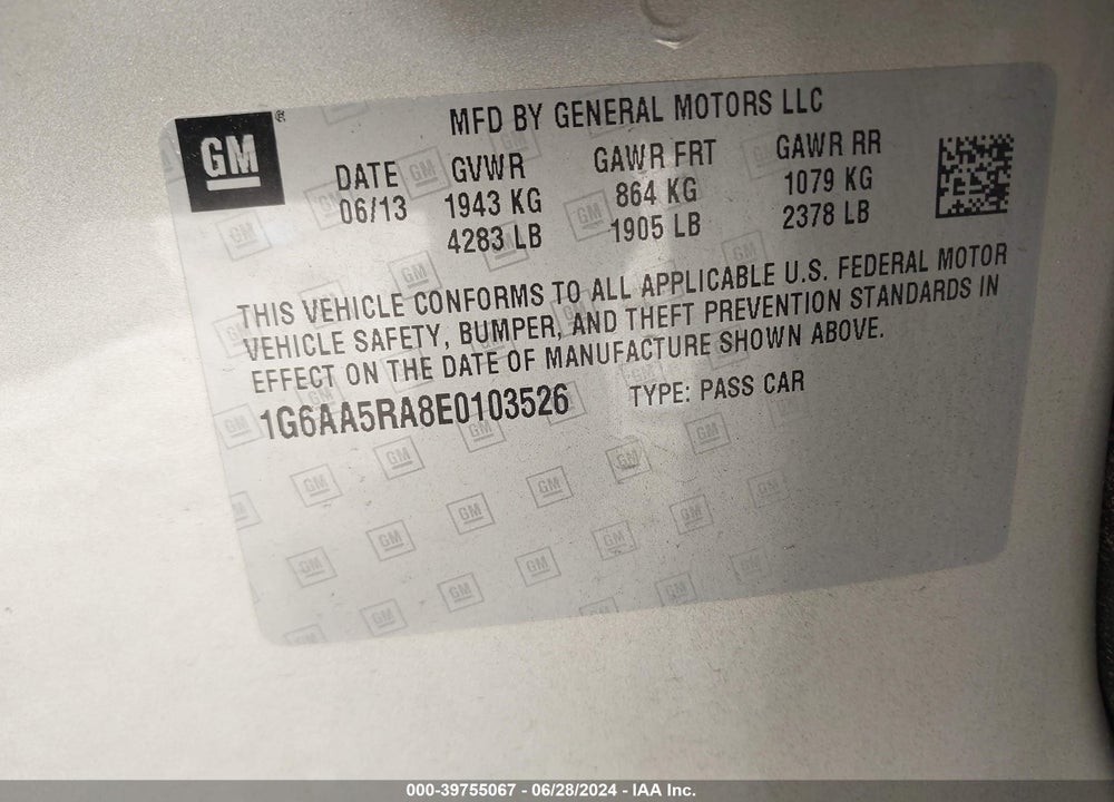 2014 CADILLAC ATS VIN: 1G6AA5RA8E0103526