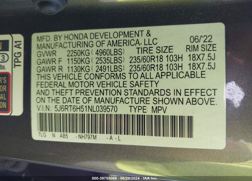 2022 HONDA CR-V HYBRID EX VIN: 5J6RT6H51NL039570