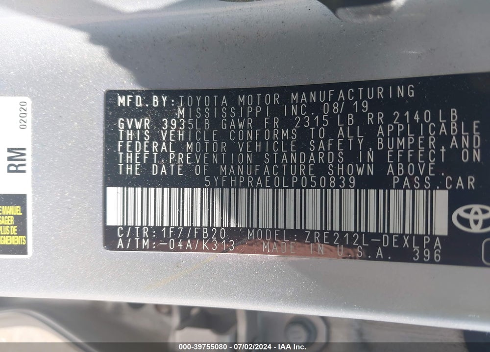 2020 TOYOTA COROLLA LE VIN: 5YFHPRAE0LP050839