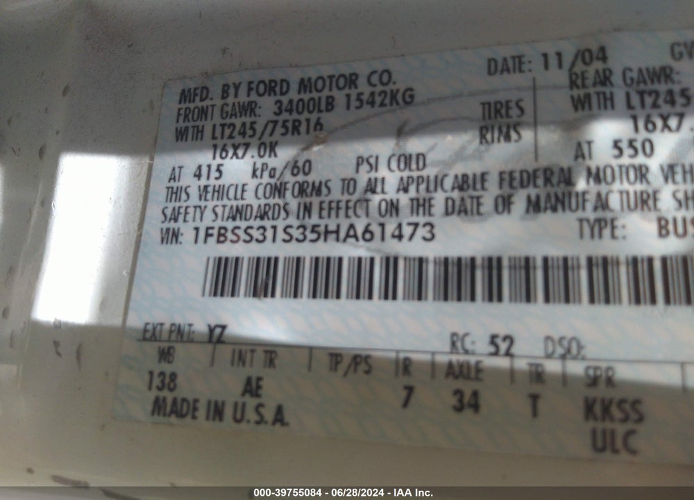 2005 FORD E-350 SUPER DUTY XL/XLT VIN: 1FBSS31S35HA61473