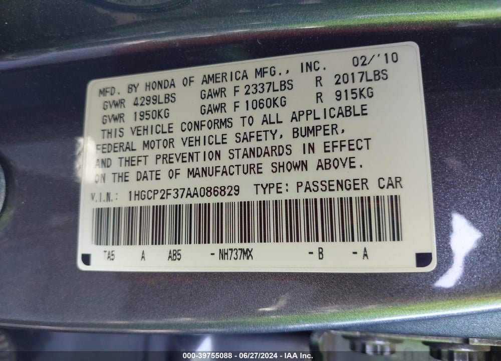 2010 HONDA ACCORD 2.4 LX VIN: 1HGCP2F37AA086829