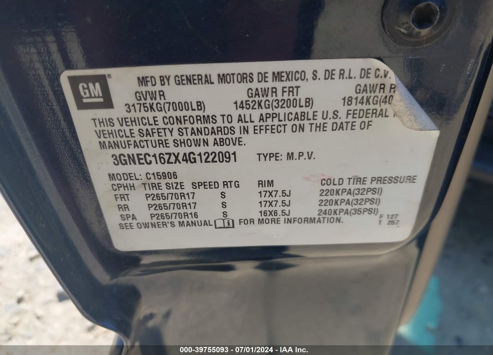 2004 CHEVROLET SUBURBAN 1500 LT VIN: 3GNEC16ZX4G122091