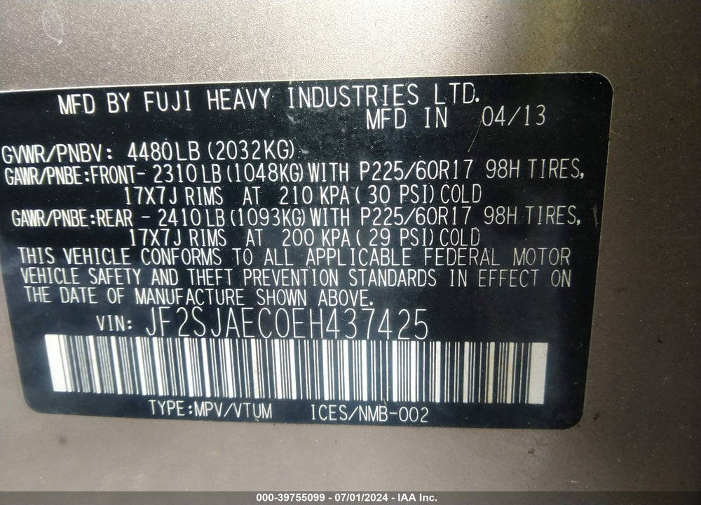 2014 SUBARU FORESTER 2.5I PREMIUM VIN: JF2SJAEC0EH437425