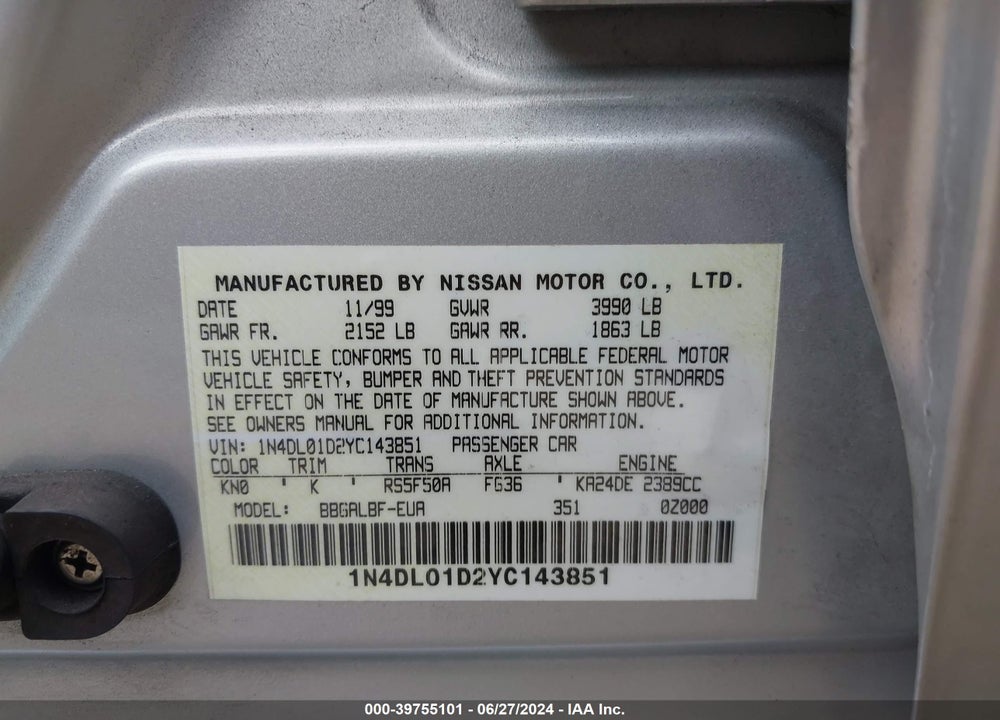 2000 NISSAN ALTIMA GLE/GXE/SE/XE VIN: 1N4DL01D2YC143851