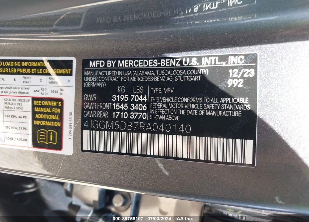2024 MERCEDES-BENZ AMG EQE SUV 4MATIC VIN: 4JGGM5DB7RA040140