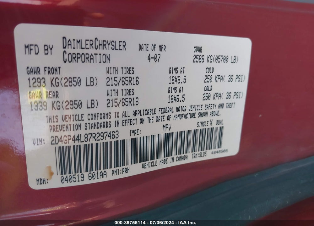 2007 DODGE GRAND CARAVAN VIN: 2D4GP44L87R297463