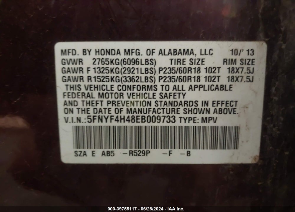 2014 HONDA PILOT EX VIN: 5FNYF4H48EB009733
