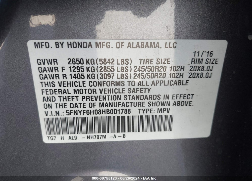 2017 HONDA PILOT ELITE VIN: 5FNYF6H08HB001788