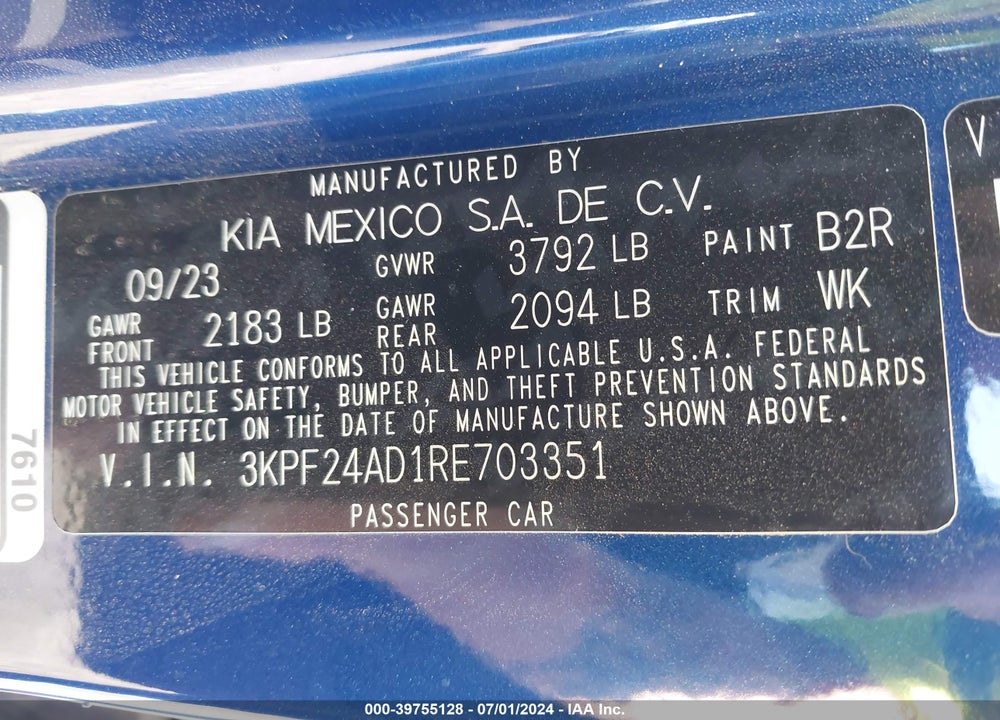 2024 KIA FORTE LXS VIN: 3KPF24AD1RE703351