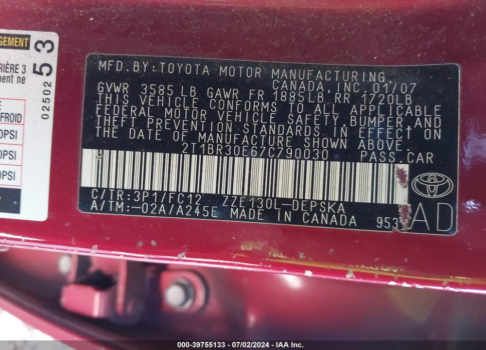 2007 TOYOTA COROLLA S VIN: 2T1BR30E67C790030