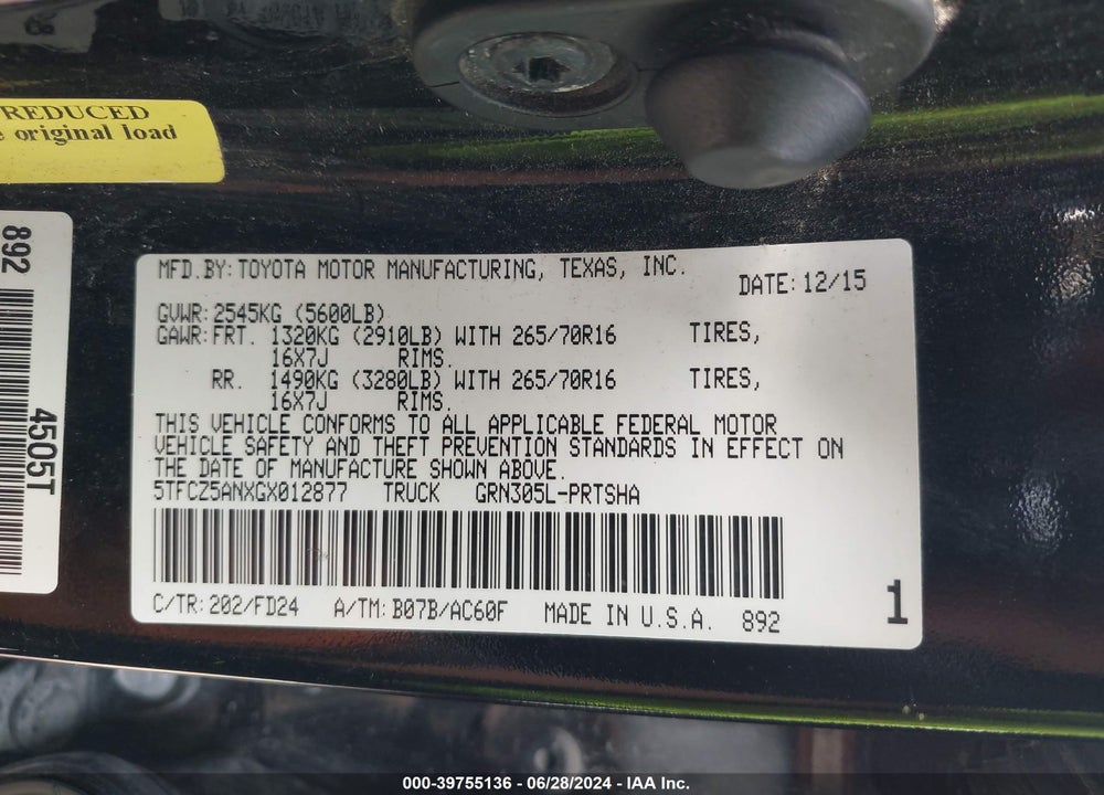 2016 TOYOTA TACOMA TRD OFF ROAD VIN: 5TFCZ5ANXGX012877