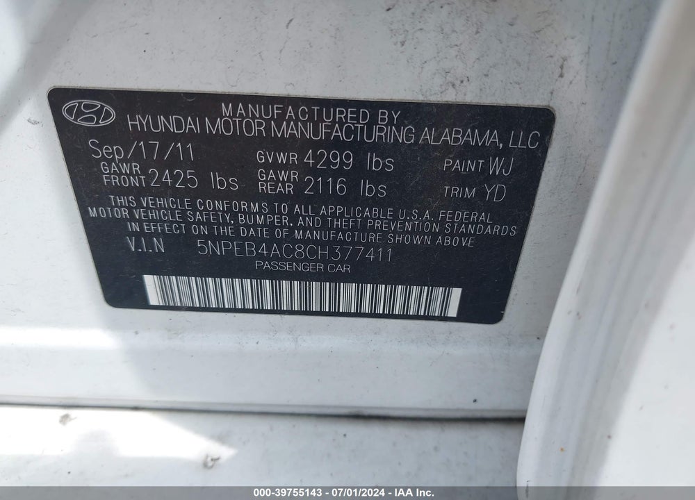 2012 HYUNDAI SONATA GLS VIN: 5NPEB4AC8CH377411