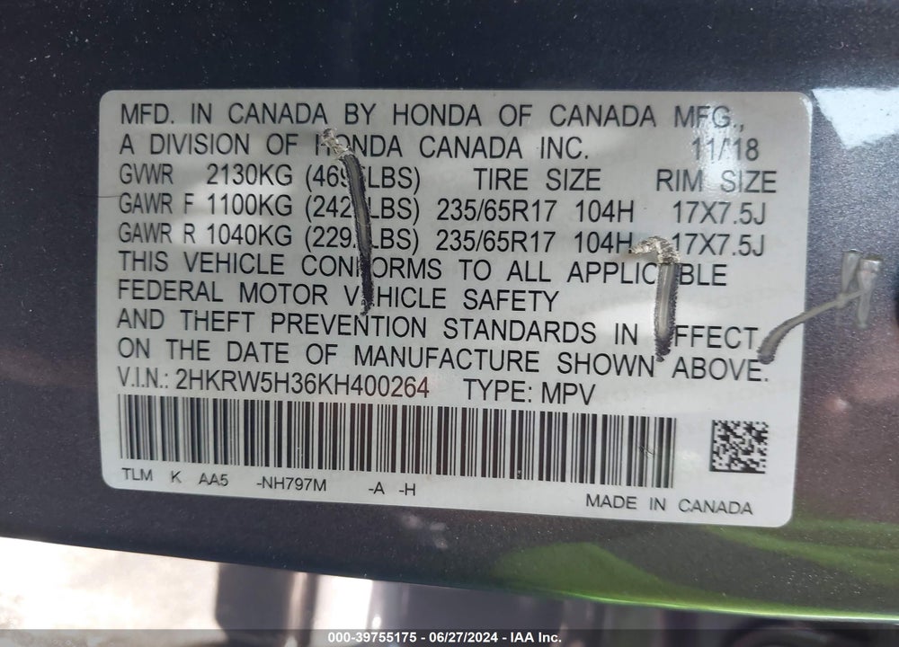 2019 HONDA CR-V LX VIN: 2HKRW5H36KH400264