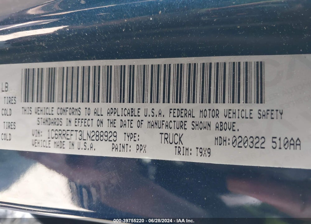 2020 RAM 1500 BIG HORN 4X2 5'7 BOX VIN: 1C6RREFT3LN288929