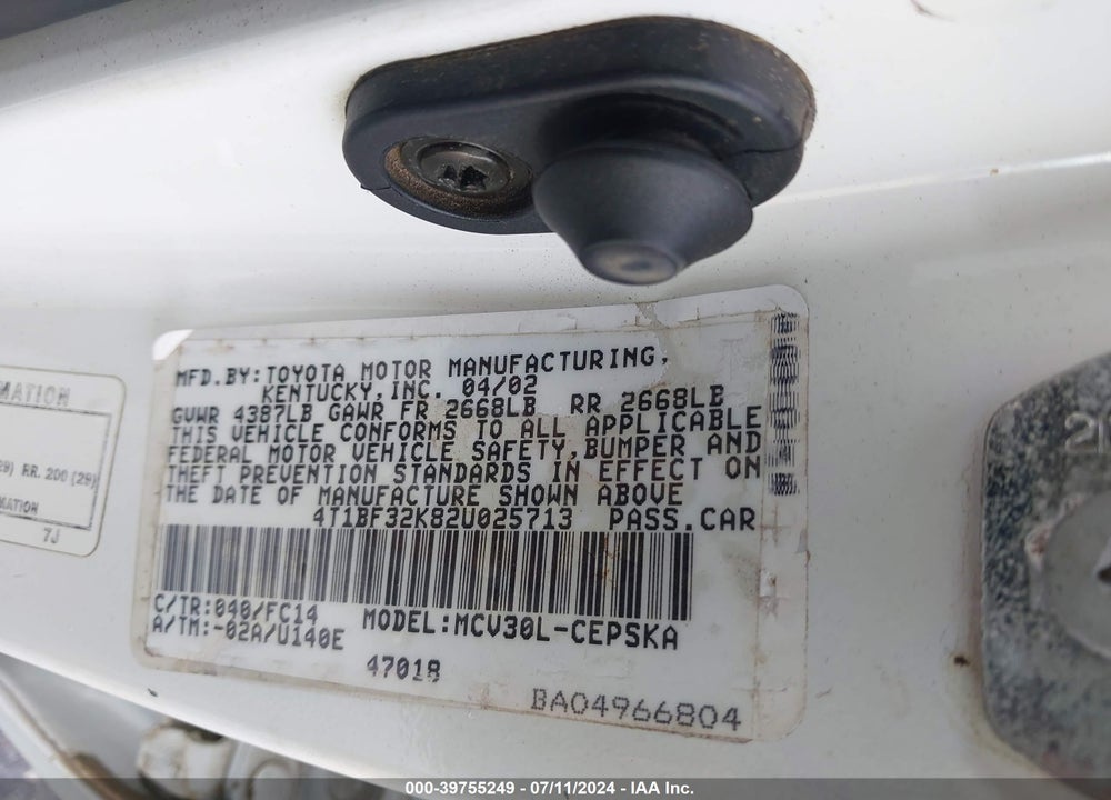 2002 TOYOTA CAMRY SE V6 VIN: 4T1BF32K82U025713