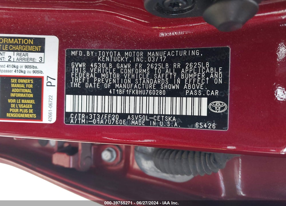 2017 TOYOTA CAMRY SE VIN: 4T1BF1FK8HU760280
