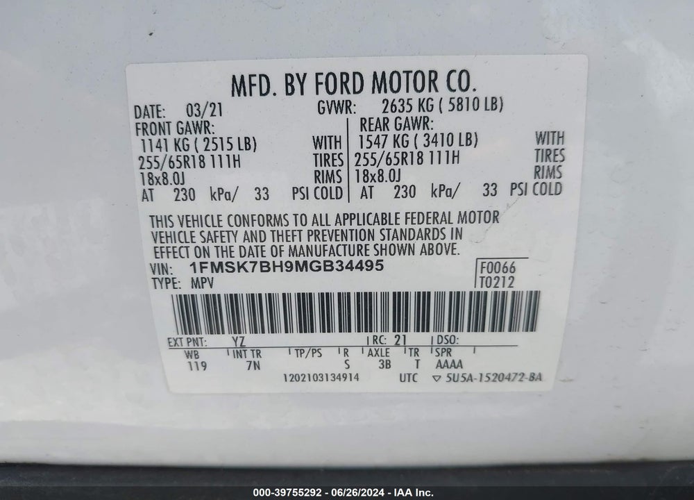 2021 FORD EXPLORER VIN: 1FMSK7BH9MGB34495