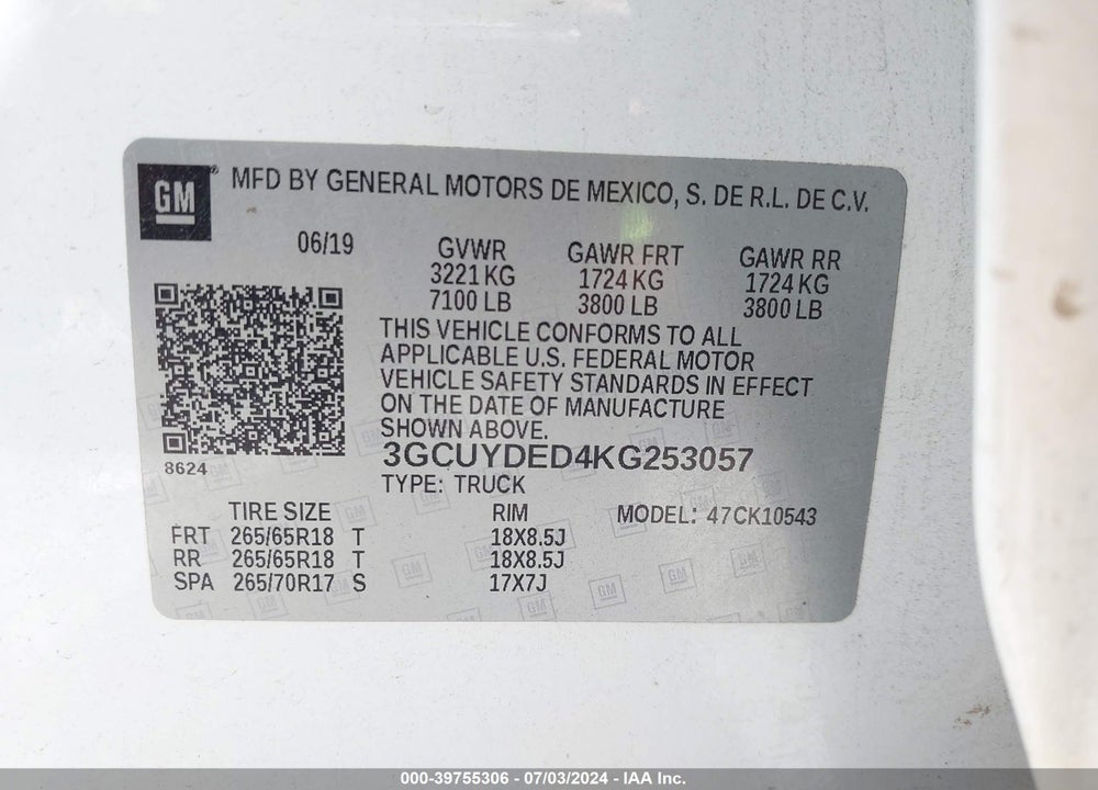 2019 CHEVROLET SILVERADO 1500 LT VIN: 3GCUYDED4KG253057