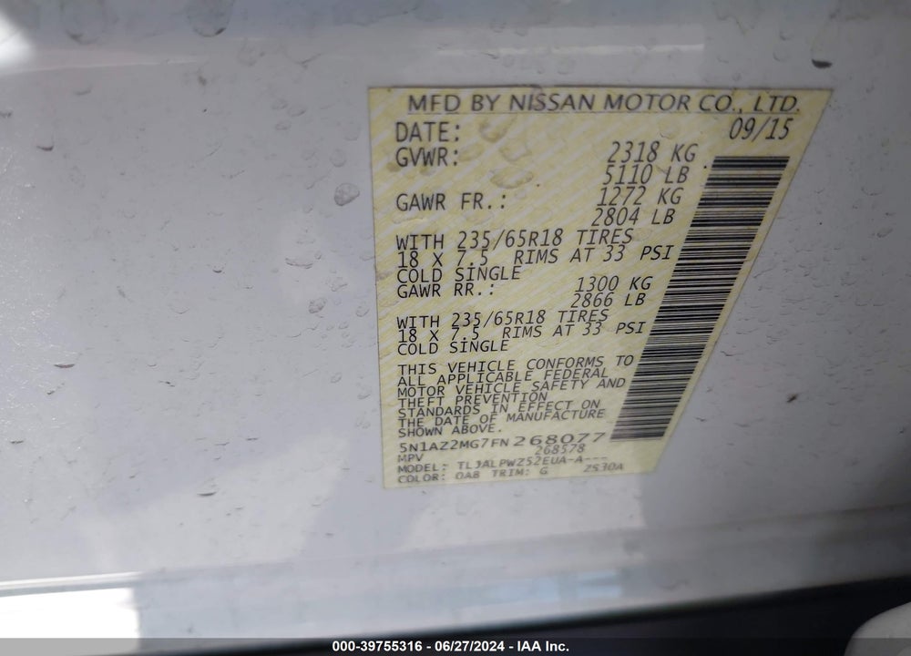 2015 NISSAN MURANO S VIN: 5N1AZ2MG7FN268077