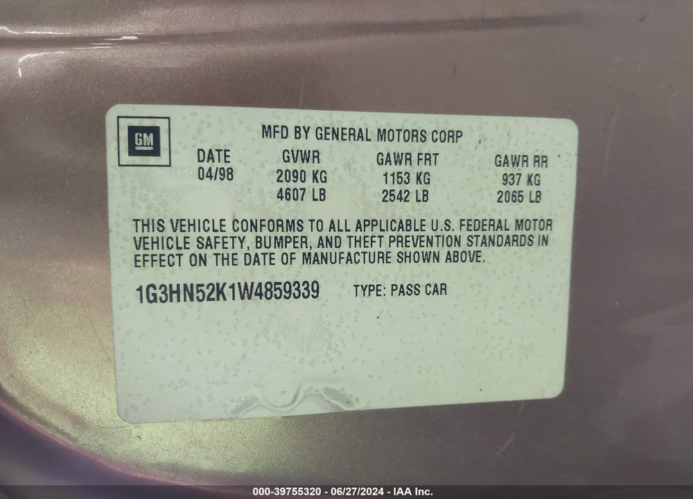 1998 OLDSMOBILE EIGHTY-EIGHT LS VIN: 1G3HN52K1W4859339