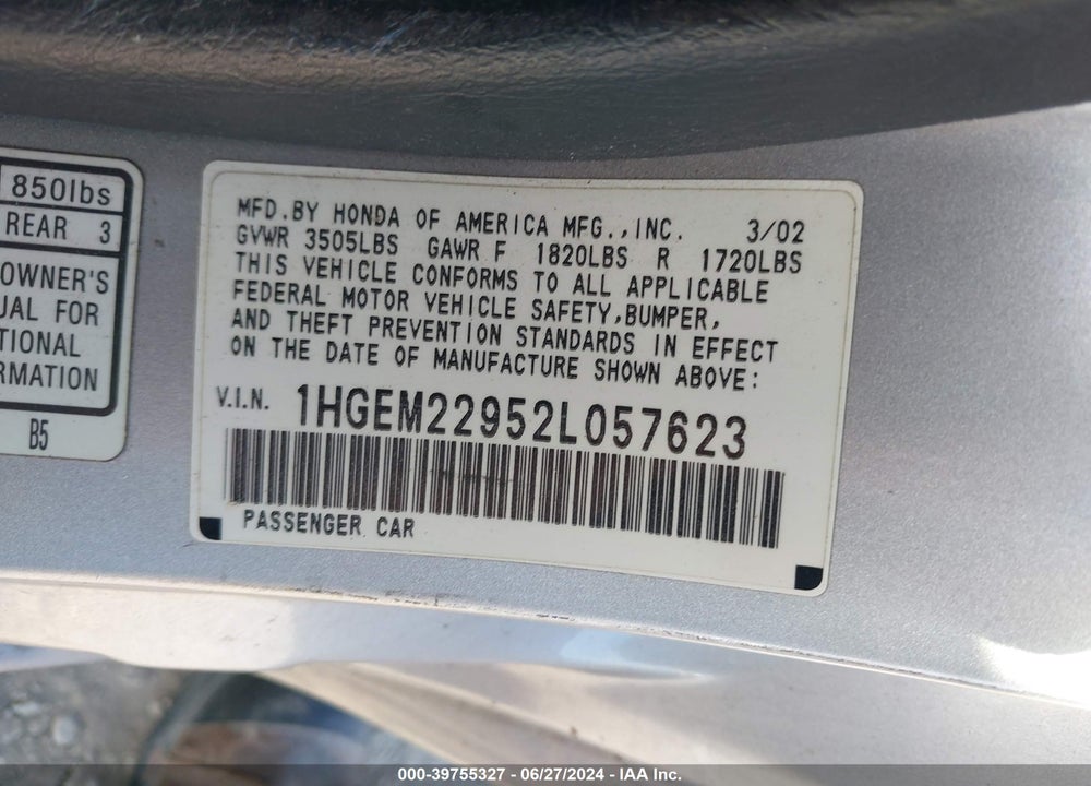 2002 HONDA CIVIC EX VIN: 1HGEM22952L057623