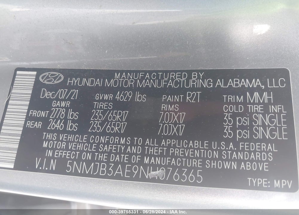 2022 HYUNDAI TUCSON VIN: 5NMJB3AE9NH076365