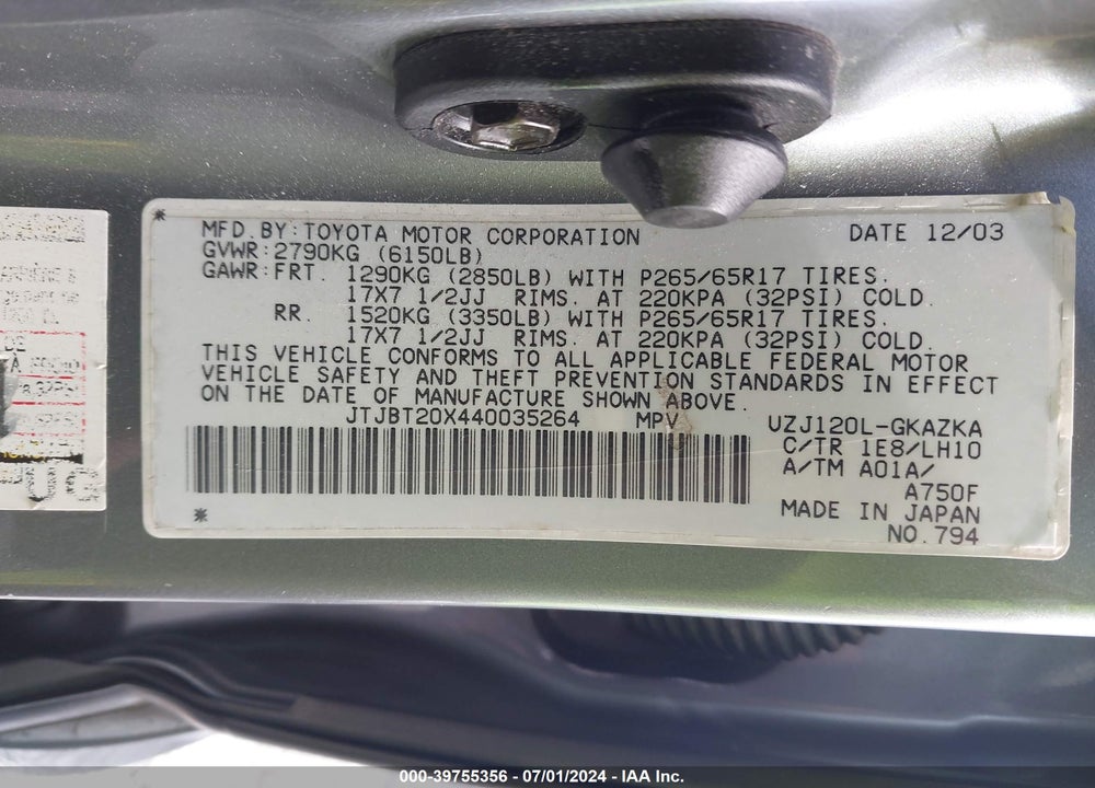 2004 LEXUS GX 470 VIN: JTJBT20X440035264