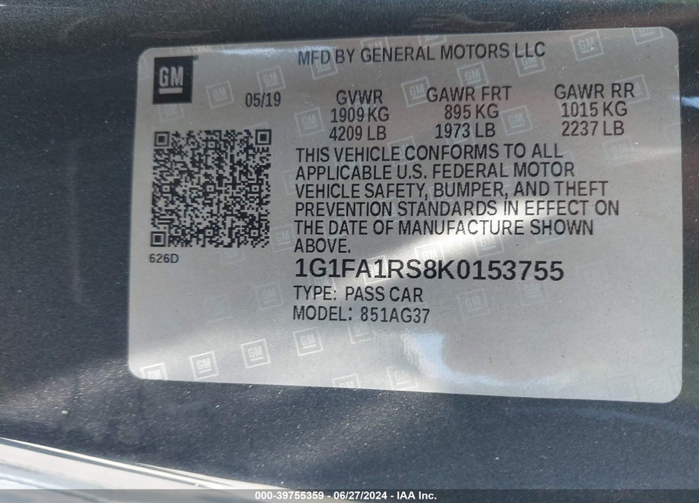 2019 CHEVROLET CAMARO 1LT VIN: 1G1FA1RS8K0153755