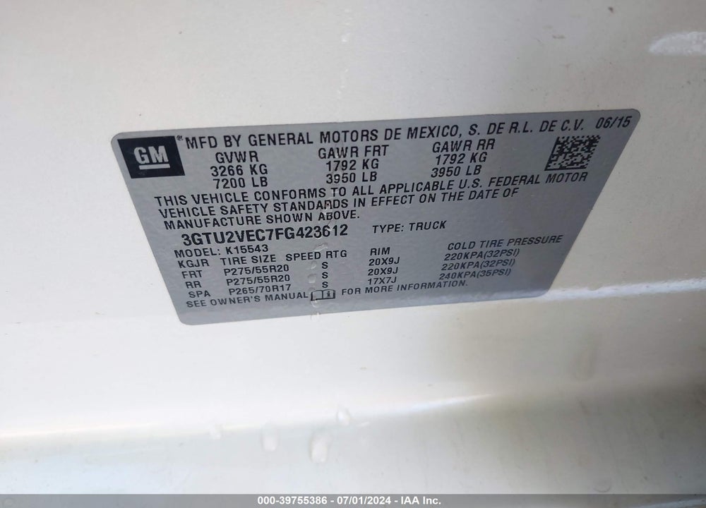 2015 GMC SIERRA 1500 SLT VIN: 3GTU2VEC7FG423612