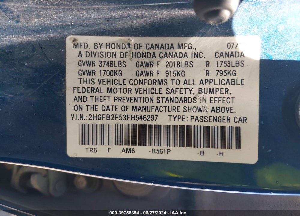 2015 HONDA CIVIC LX VIN: 2HGFB2F53FH546297