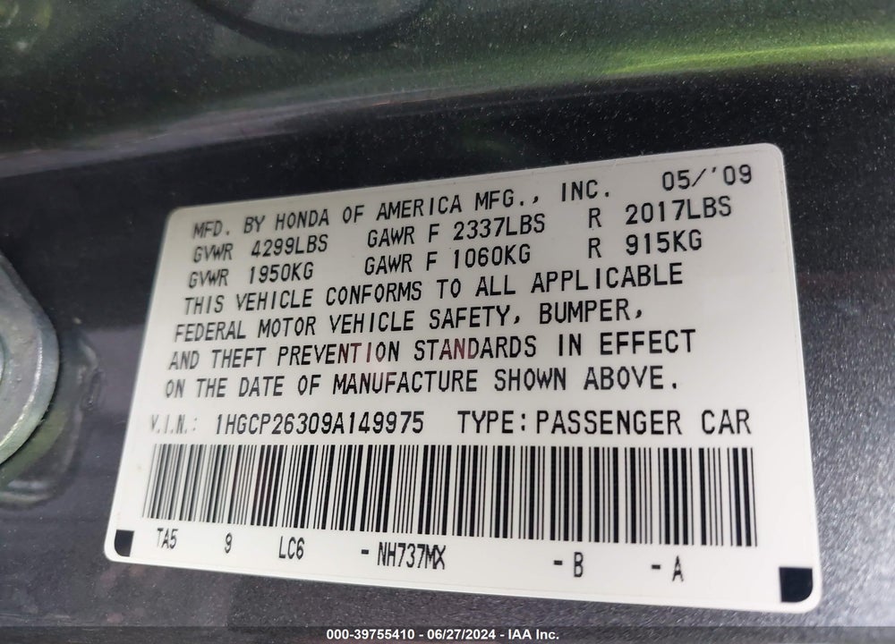 2009 HONDA ACCORD 2.4 LX VIN: 1HGCP26309A149975