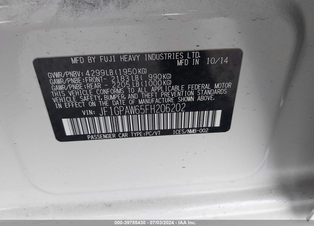 2015 SUBARU IMPREZA 2.0I SPORT LIMITED VIN: JF1GPAW65FH206202