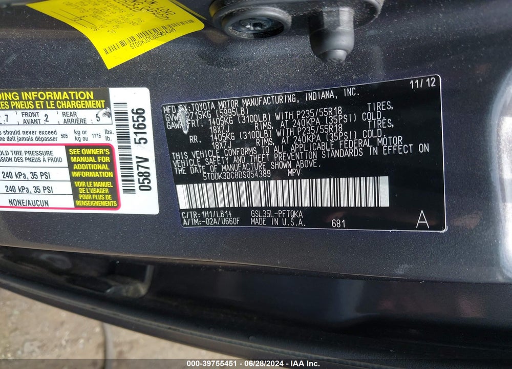 2013 TOYOTA SIENNA XLE 7 PASSENGER VIN: 5TDDK3DC8DS054389